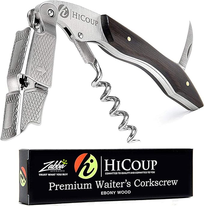 Hicoup Wine Opener - Professional Corkscrews for Wine Bottles w/Foil Cutter and Cap Remover - Manual Wine Key for Servers, Waiters, Bartenders and Home Use - Stainless Steel w/Ying Yang Resin Inlay