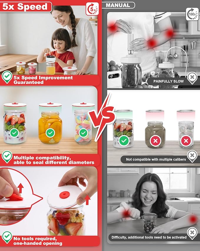 Electric Mason Jar Vacuum Sealer Kit - Auto-Stop with Digital Display, 60kPa Ultra Strong Suction for Wide/Regular Mouth Jars, Preserve Freshness 12X Longer (Includes 6 Lids & Bag Adapters)