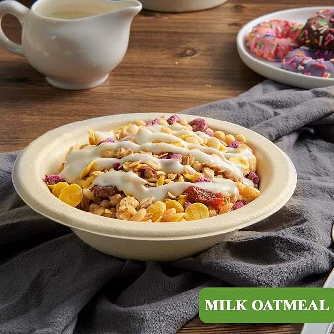 Vplus 180 Pack 16 OZ Paper Bowls, Disposable Compostable Bulk, Eco-friendly Bagasse, Heavy-duty Bowls Perfect for Milk Cereals, Snacks, Salads
