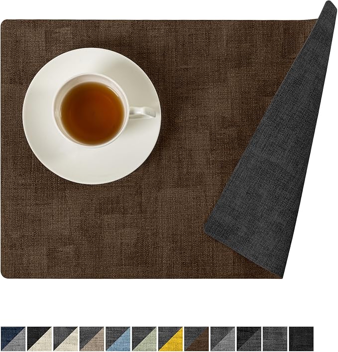 Romanstile Reversible Vinyl Placemats Set of 6, Faux Leather 100% Waterproof Oil-Proof Wipeable Place Mats, Heat Resistant Dual Sided Table Mats for Kitchen/Dining/Party (Grey Brown, 12 x 17 Inch)