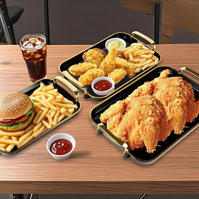 Serving Tray with Handles Set of 3 Rectangular Large Serving Platters 16.5/14.9/13.2 Inch White Plates for Dinner, Party, Entertaining, Black Gold