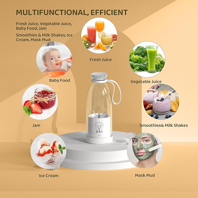 Portable Blender, Personal Smoothie Maker with 6 Blades, Rechargeable Mini Juicer Cup, 17 oz with Travel Lid for Outdoors, Camping, Office, Kitchen (Black)