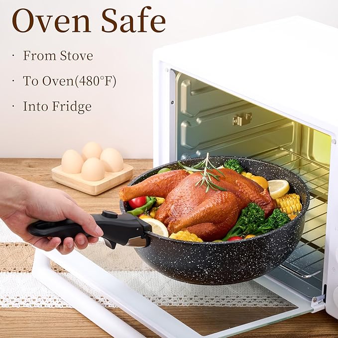 JEETEE Pots and Pans Set Non Stick 19pcs, Kitchen Cookware Sets with Detachable Handle, Induction Nonstick Cookware Set with Removable Handle, Stackable RV Cookware, Oven Safe, PFOA Free, Black