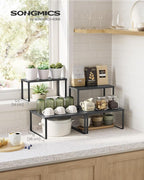 SONGMICS Spice Racks, Set of 2 Metal Cabinet Shelf Organizers, Countertop Organizers, Shelf Risers, Stackable, Expandable, Ink Black UKCS005B01