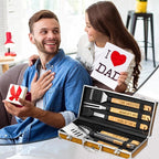 Dad Gifts from Daughter Son, Dad Grilling Birthday Gift Heavy Duty Wooden BBQ Grilling Accessories Kit for Backyard, Thick Stainless Steel Grill Utensils with Non-Slip Handle Tools in Portable Bag