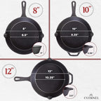 Cuisinel Cast Iron Skillets Set with Lids - 8"+10"+12"-inch Pre-Seasoned Covered Frying Pan Set + Silicone Handle and Lid Holders + Scraper/Cleaner - Use Cookware Indoor/Outdoor, Oven, Stovetop, Fire