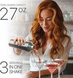 Insulated Cocktail Shaker Set | Double Wall Stainless Steel | Martini Shaker for Home Bar Bartending | Built-in Drink Measurement System & Strainer, Travel Bag, 35 Recipes | Gift Set (Antique Silver)