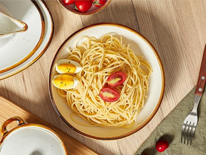 ONEMORE 30 Oz Porcelain Salad Pasta Bowls, Shallow & Wide Bowls Plates Set of 6, Large Ceramic Serving Bowls for Soup, Dessert, Pizza, Fruit. Microwave & Dishwasher Safe Kitchen Dinnerware, White