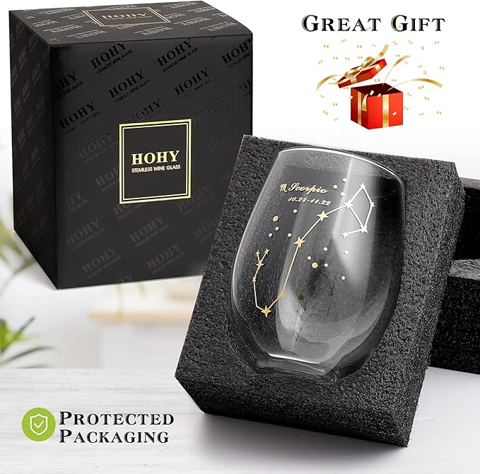 HOHY Scorpio Wine Glass - 20oz Golden Stemless Constellation Glass, Zodiac Sign Horoscope Gift for Women Men, Astrology Define Design