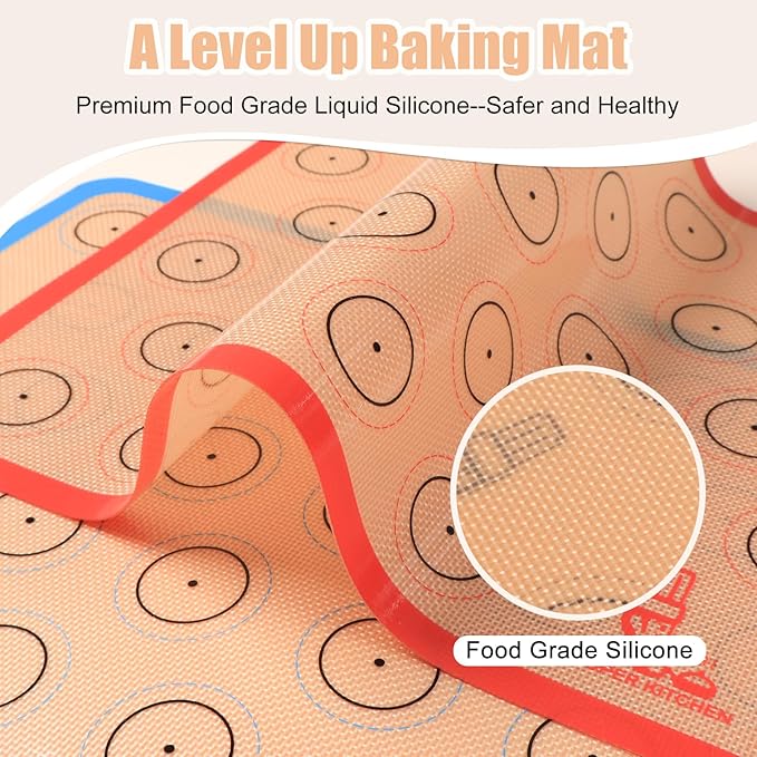 Silicone Baking Mat Macaron - Set of 3 (2 Half Sheet Liners and 1 Quarter Sheet), Non Stick Silicon Cookie Oven Liner For Macaroons, Bake Pans, Pizza, Toaster, Cake and Bread Making (Red,Blue,Gray)