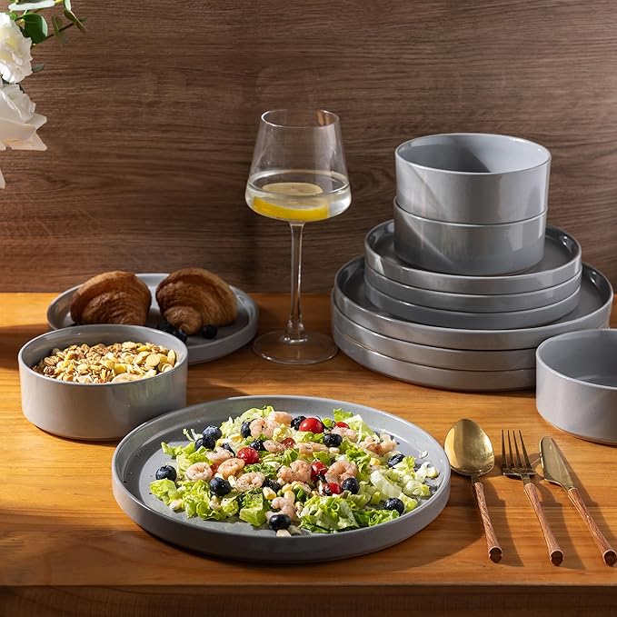 AmorArc Ceramic Dinnerware Set for 8 | Speckled Stoneware Plates and Bowls with Rustic Terracotta Underside| Scratch Resistant,Dishwasher & Microwave Safe Dishes Sets- 24pcs Gray