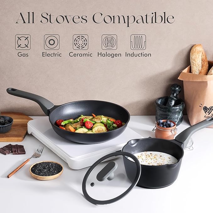 PRICUSIS Nonstick Frying Pan with Lid, 8/10 Inch Skillet with Stay Cool Handle, Fully Coated, Induction Compatible & Oven Safe, 100% Dishwasher Safe, PTFE & PFOA Free（10 Inch, Black Sesame）