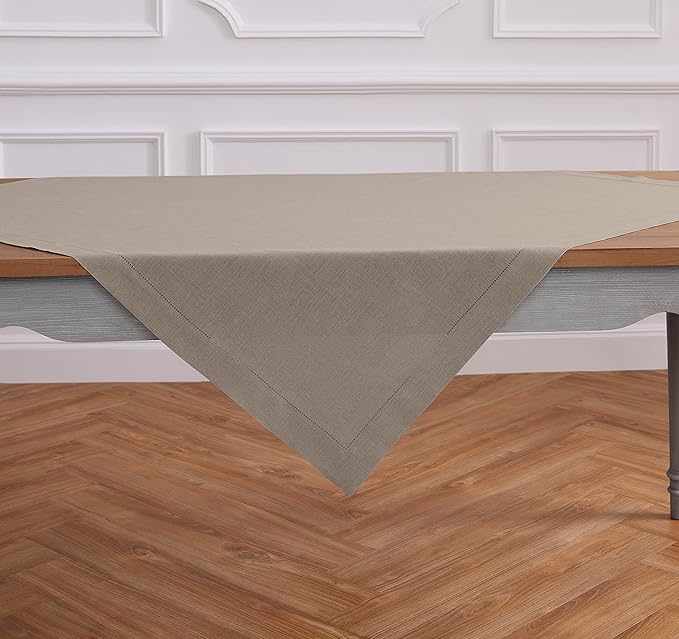 Solino Home Natural Linen Tablecloth 52 x 52 Inch - 100% Pure Linen Square Table Throw - Classic Hemstitch, Machine Washable Table Cloth for Summer, Fall, Autumn