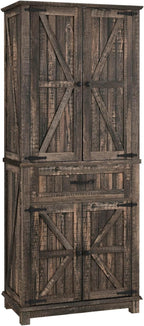 DWVO 72" Tall Farmhouse Pantry Cabinet, Kitchen Storage Pantry with Barn Doors & Drawer, Versatile Organizer with Adjustable Shelves, Rustic Cupboard for Dining Room, Living Room, Dark Rustic Oak