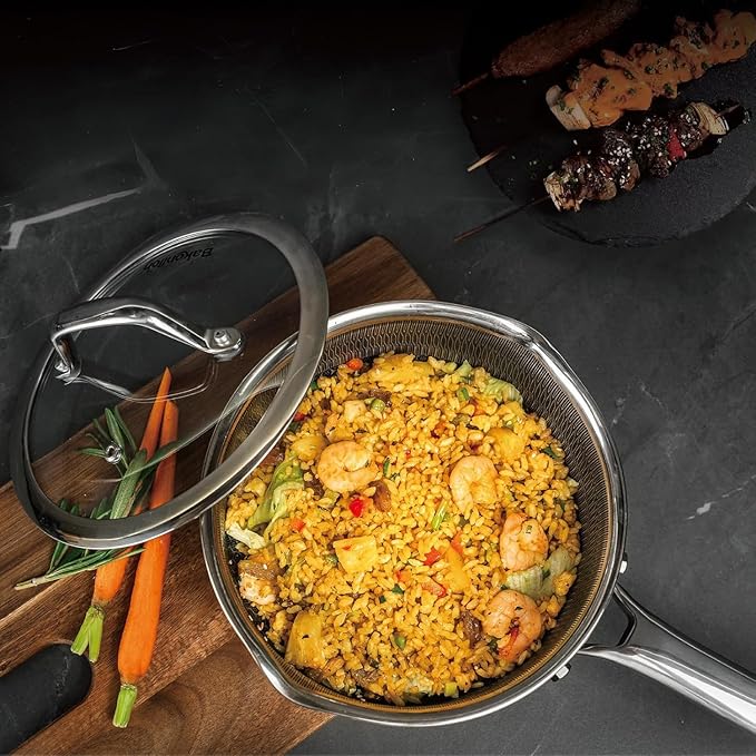 Hybrid Nonstick Cookware Set,Stainless Steel 12 Inch Frying Pan & 2QT Saucepan with Steamer Basket,3 PCS Silicone Kitchen Utensils Set