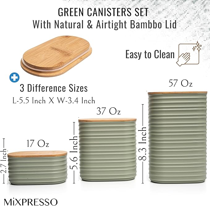 Mixpresso Olive Green Canisters Sets for the Kitchen – 3-Piece Airtight Plastic Sugar Container Set with Bamboo Lids in Three Different Sizes – Decorative Modern Storage Jars for Coffee &Tea