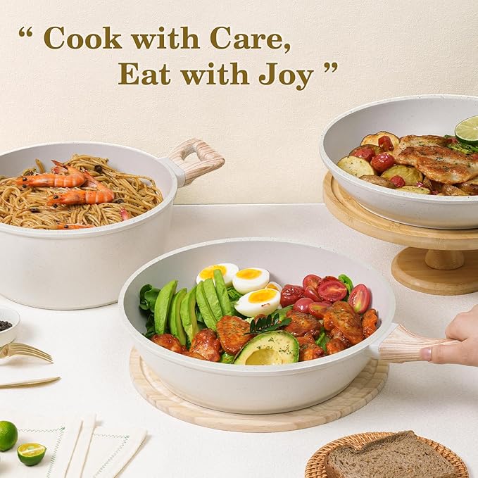 12Pcs Non-Stick Pots and Pans Set, White Granite Induction Cookware Set, Non-Toxic Healthy NonStick Kitchen Cooking Set with Pans Set, Soup Pot (No PFAS/PFOA/PFOS)