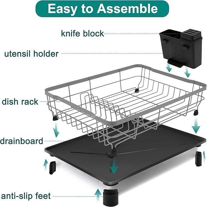 Dish Drying Rack for Kitchen Counter,Space-Saving Dish Rack with Drainboard,Rustproof Countertop Dish Drainer with Utensil Holder for Sink,Gray