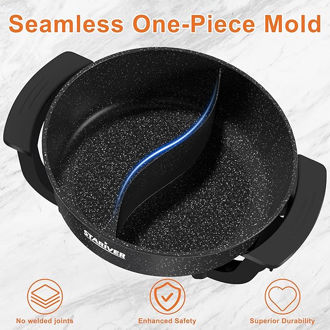 Stariver 6L Electric Hot Pot with Divider - Dual-Flavor Fondue & Shabu Shabu Pot, 1360W with 5-Temp Control, Non-Stick & BPA-Free, Perfect for Family Dinners & Parties