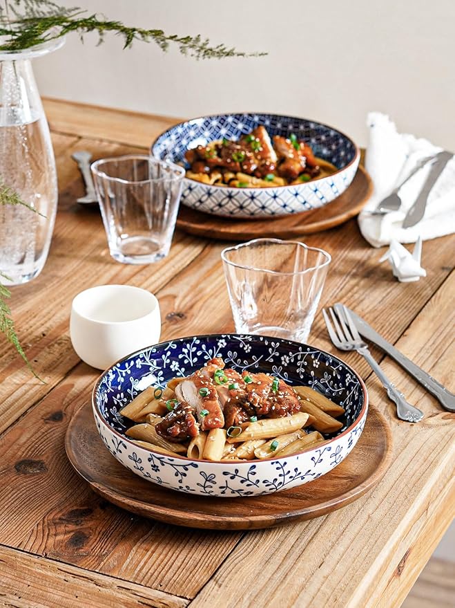 LE TAUCI Pasta Bowl 32 oz, Ceramic Salad Bowl, Japanese-Style Plate Bowls for Serving Pasta, Fruits, Salad, Noodle, Dinner, Soup, Mircrowave Oven Dishwasher Safe - 8.2 Inch, Set of 4, Vintage Blue