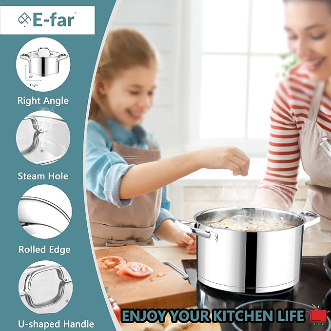 E-far 6 Quart Stock Pot with Lid, Stainless Steel Stockpot for Cooking Simmering Soup Pasta Sauce, with Tri-Ply Bottom & Visible Cover, Induction/Gas/Dishwasher Safe, Heavy Duty & Non Toxic