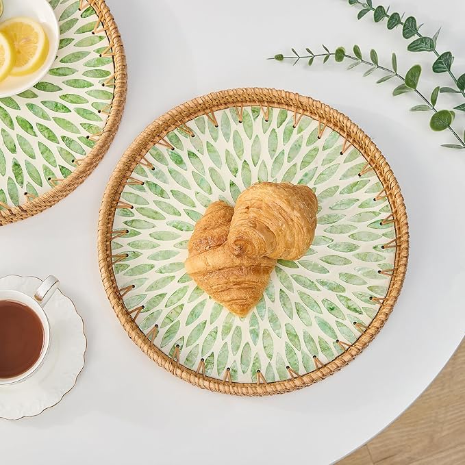 Round Rattan Tray for Home Decor 11.8 inch, Modern and Boho Decor Serving Tray with Mother of Pearl Inlay, Wicker Basket for Coffee Table, Hand Woven Decorative Tray Plates (Green)