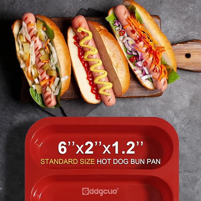 Silicone Hotdog Bun Pan, 6 Inch Standard Hot dog Bun Mold, 4 Cup Non-stick Homemade Hotdog Bun Baking Pans, Mini Baguette Pans, Dishwasher Safe, 2 Pcs (Red)