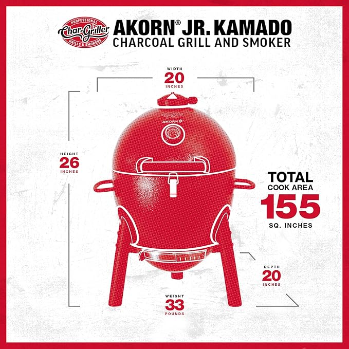 Char-Griller® AKORN® Jr. Portable Kamado Charcoal Grill and Smoker with Cast Iron Grates and Locking Lid with 155 Cooking Square Inches in Ash, Model E86714