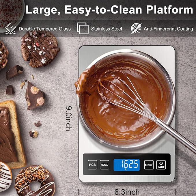 Fuzion Food Scale, 1g/0.1oz Digital Kitchen Scale - 22lb, 7 Units, Tare & PCS, Rechargeable Power, Tempered Glass & Stainless Steel - Food Weight Scale Grams and Ounces for Cooking, Baking