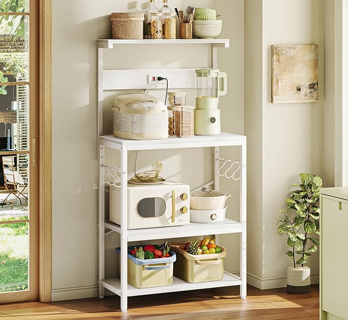 SUPERJARE Kitchen Bakers Rack with Power Outlet, Coffee Bar Table 4 Tiers, Kitchen Microwave Stand with 6 S-Shaped Hooks, Storage Shelf Rack for Spices, Pots and Pans - White