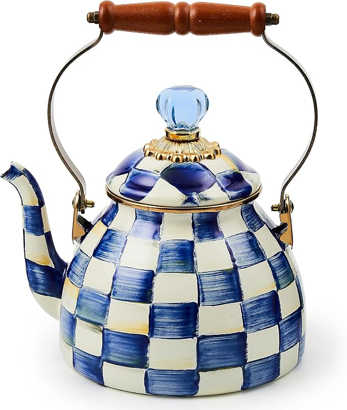 MACKENZIE-CHILDS Enamel Tea Kettle, Stylish Tea Kettle for Stovetop, Blue-and-White Royal Check, 2 Quarts