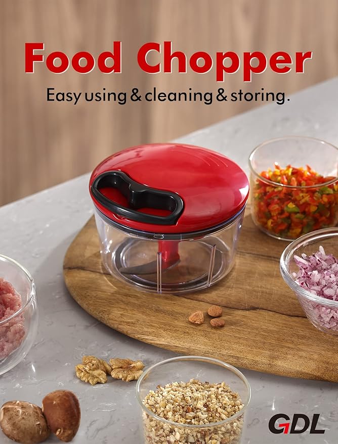 GDL Manual Food Chopper, Hand Pull String Onion Chopper Cutter, Dishwasher Safe Vegetable Chopper Food Mincer, No BPA Food Grade Material, 2.5 Cups 0.6L