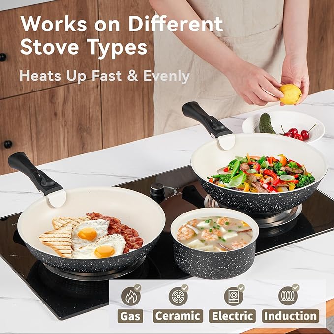 22Pcs Nonstick Ceramic Cookware Set with Detachable Handles, Oven & Induction Safe Pots and Pans, Non-Toxic Kitchen Essentials for Family Cooking, Black