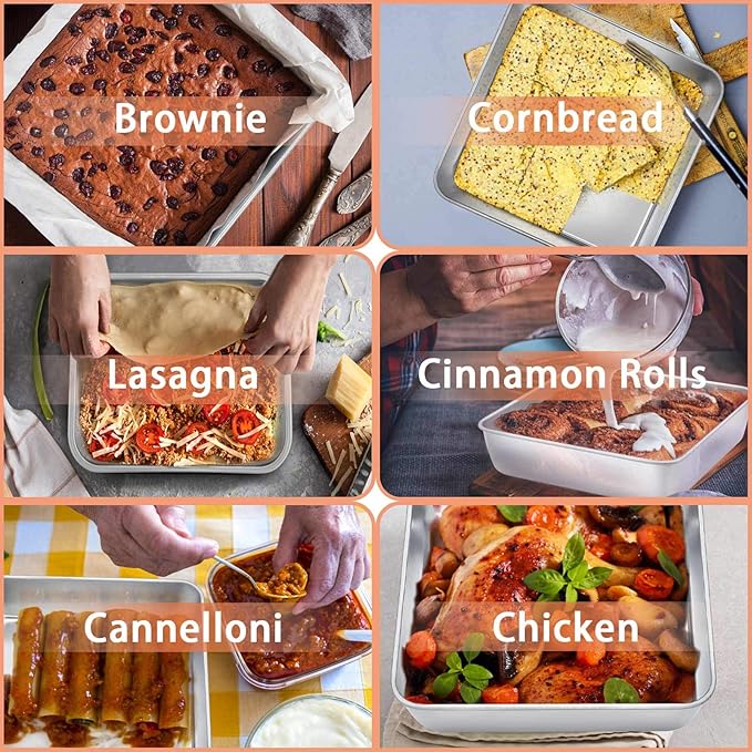 TeamFar Square Cake Pan with Lid (2 Pans & 2 Lids), 8 Inch Stainless Steel Square Baking Tray Cake Brownie Tin For Meal Prep Storage Transporting Food, Healthy & Sturdy, Dishwasher Safe