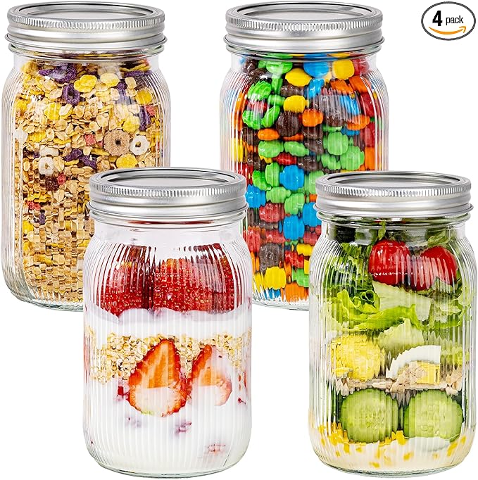 WELLIFE Large Mason Jars,4 Pcs Wide Mouth Mason Jars 32 Oz for Food Storage, Overnight Oats,Honey,Sauces,Meal Prep,Salad,Yogurt