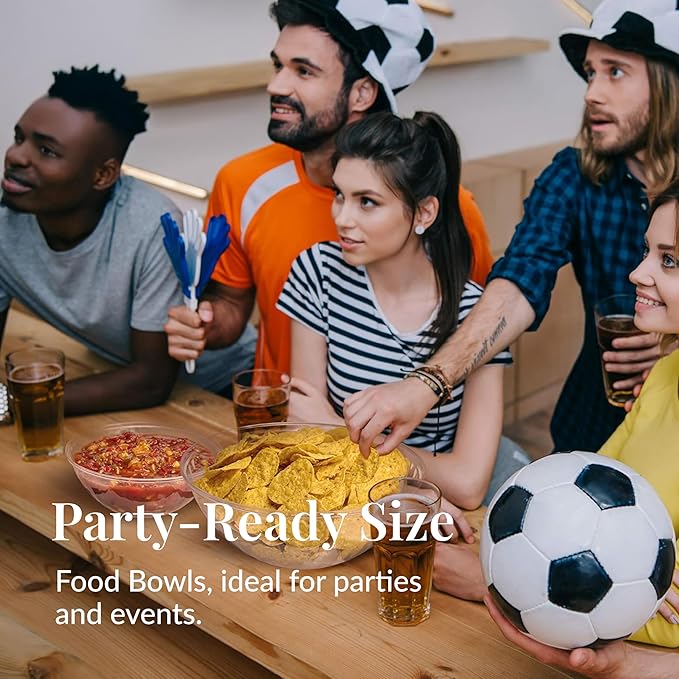 Prestee Clear Plastic Serving Bowls, 48 Oz. 12 Pack - Round Disposable Bowls, Punch, Party, Chip Bowl Containers - for Candy, Salads, Parties, & Serving Food - Large Salad Bowl Dish for Eating