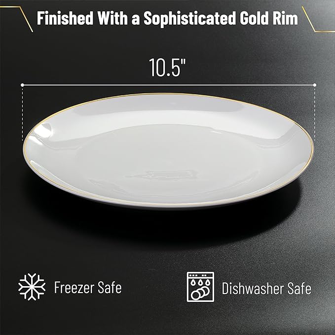 Brew To A Tea - White Porcelain Dinner Plates with Gold Rim, Set of 6, 10.5" Round, Classic Style, Solid Pattern, Durable and Easy to Clean, Not Microwave Safe