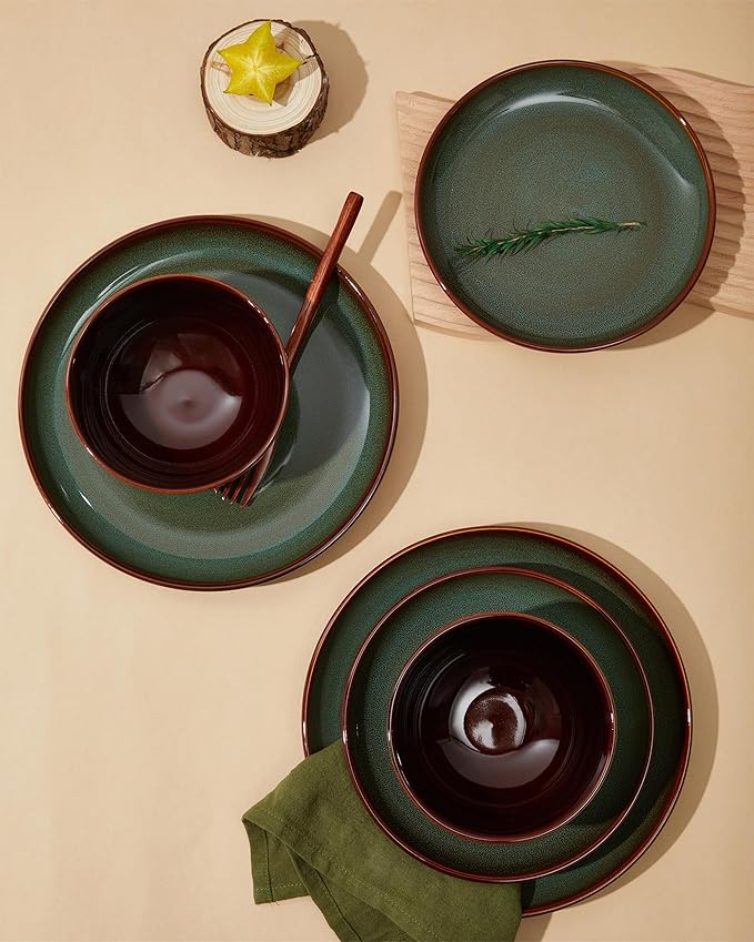 Stoneware Dinner Plates Set of 6, Ceramic Plates With Lipped Edges, Microwave/Dishwasher Safe, Modern Rustic Dinnerware, Kitchen Reactive Glaze Serving Dishes, Brown Green