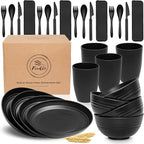 FOODLE Wheat Straw Dinnerware Set - BPA Free & Safety Tested - Microwave & Dishwasher Safe - Alternative to Plastic Dishes - Perfect for Outdoor, RV, Dorm - Camping Plates Cups and Bowls Set - For 4