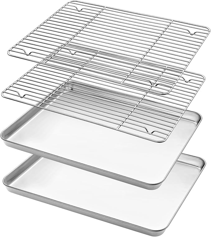 Stainless Steel Baking Sheets with Rack, HKJ Chef Cookie Sheets and Nonstick Cooling Rack & Baking Pans for Oven & Toaster Oven Tray Pans, Rectangle Size 12.5L x 10W x 1H inch & Non Toxic & Healthy