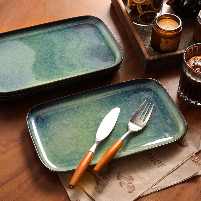 vancasso Stern Serving Platters Set of 4, 11 Inches Rectangular Ceramic Serving Plates, Green Serving Trays for Entertaining