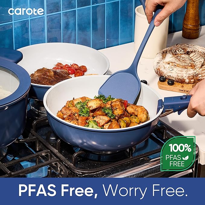 CAROTE 27pcs Ceramic Cookware Set Nonstick, Pots and Pans Set Non Stick, Non Toxic Cookware Detachable Handles, Dishwasher/Oven Safe, RV/Camping Cookware, Pan and Pot with Kitchen Utensils, Navy Blue