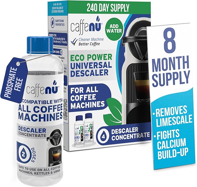 Universal Coffee Machine Descaling Solution. Coffee Machine Descaler Liquid 4 Uses. Descaler Kit. Part of your Barista Accessories Set. Compatible with Nespresso, Phillips, Lavazza, Verismo and More!