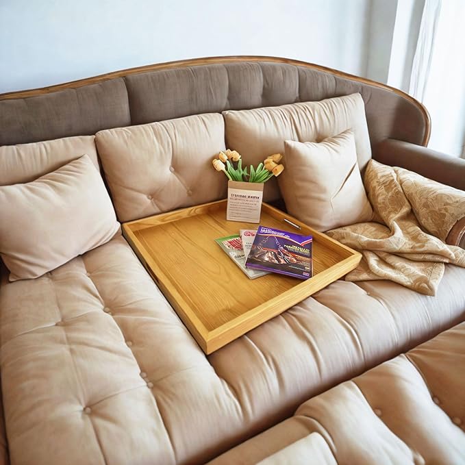 24x24 inches Square Oak Wooden Ottoman Tray, Large Living Room Serving Tray