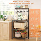 Kitchen Bakers Rack with Storage Shelves, Small Coffee Bar Cart with 8 Hooks, 4 Tiers Microwave Stand Station with Adjustable Shelves, Freestanding Kitchen Appliance Organizer, Rustic Brown