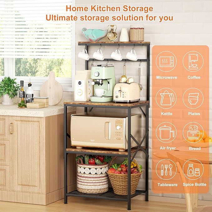 Kitchen Bakers Rack with Storage Shelves, Small Coffee Bar Cart with 8 Hooks, 4 Tiers Microwave Stand Station with Adjustable Shelves, Freestanding Kitchen Appliance Organizer, Rustic Brown