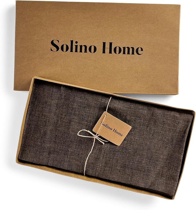 Solino Home Linen Square Tablecloth 52 x 52 Inch - 100% Pure Linen Chambray Brown Table Throw - Athena, Machine Washable Tablecloth for Fall, Autumn