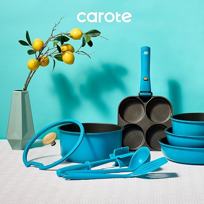 CAROTE 20pcs Pots and Pans Set, Nonstick Cookware Set Detachable Handle, Induction Kitchen Cookware Sets Non Stick with Removable Handle, RV Cookware Set, Peacock Blue