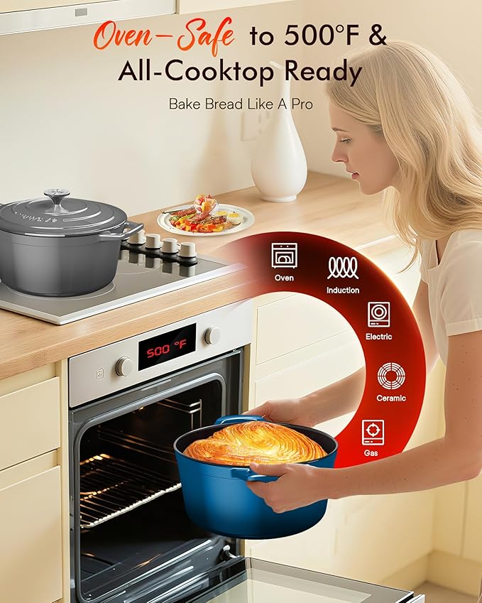 Nuwave 6QT Healthy Enameled Cast Iron Dutch Oven Pot with Lid, Heavy Duty 7-Layer Enamel, Enhanced Rust Protection, Dual Handles, Oven Safe to 500°F for Sourdough Bread Baking, Braise, Stew, Roast