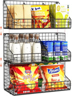 X-cosrack 3 Tier Large Stackable Snack Organizer - Versatile Wall Mounted Wire Storage Basket with Divider for Candy Chip Cans Bars - Ideal for Pantry Office Home